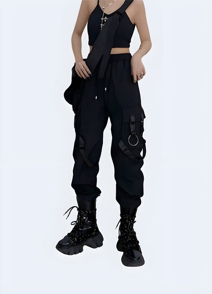 Straight view of a woman wearing techwear women's tactical cargo pants, showcasing the bold and functional design that stands out in the UK fashion scene.