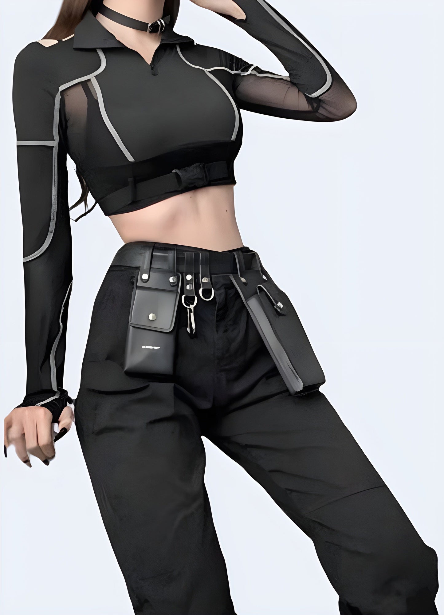 Front side view of a woman wearing a tight techwear crop top, showcasing its sleek design and practical features for city life in the UK.