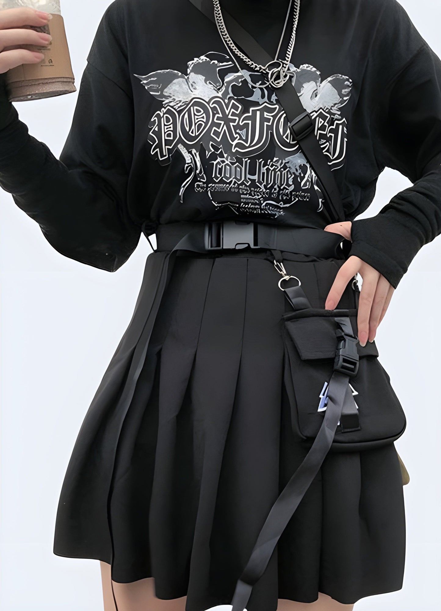 Front and side view of a woman wearing an urban tactical skirt, highlighting the practical features, such as adjustable straps and utility pockets, ideal for active lifestyles.