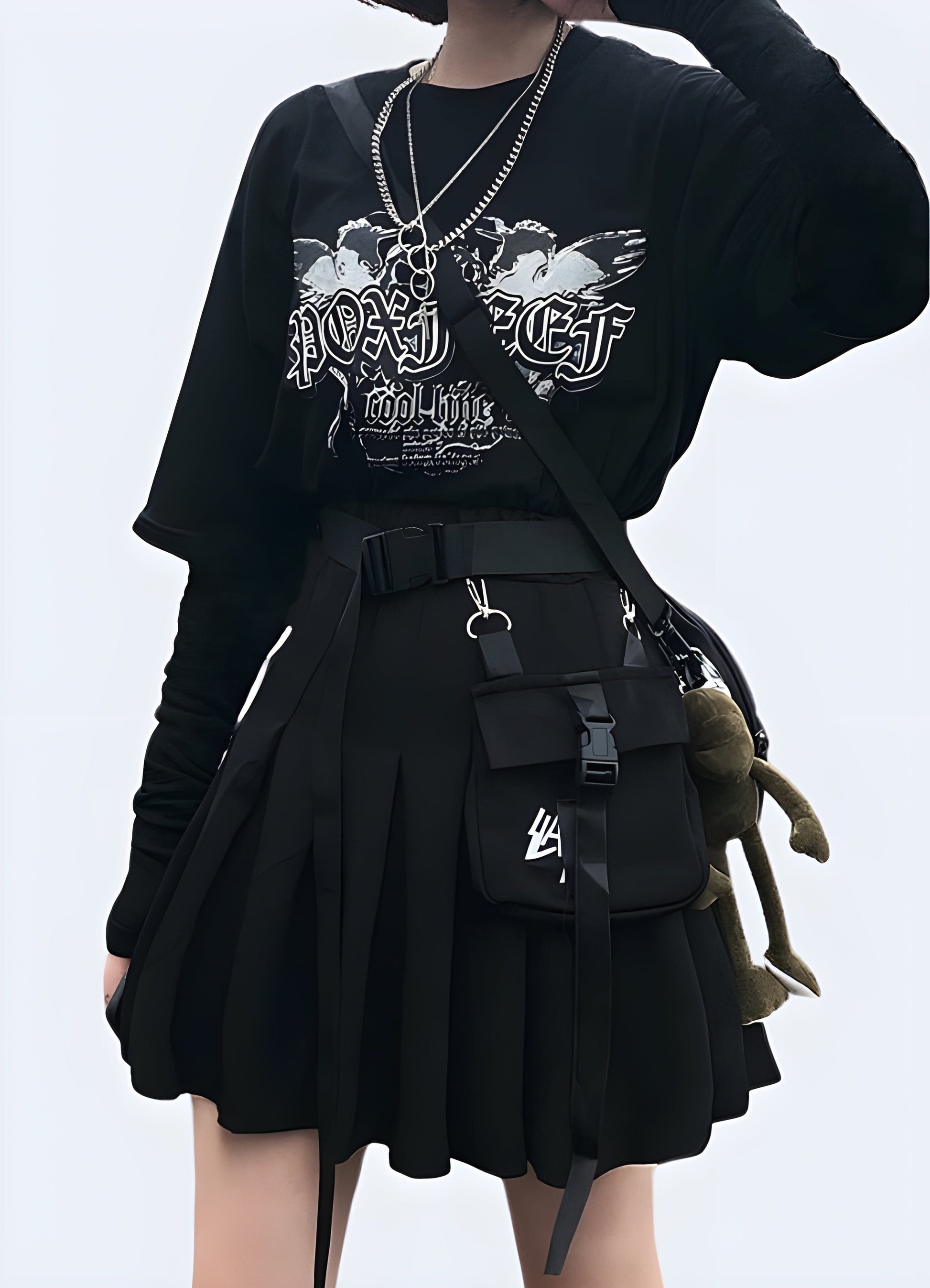 Front view of a woman modeling an urban tactical skirt, showcasing the functional design, comfortable fit, and versatile style suitable for various occasions.