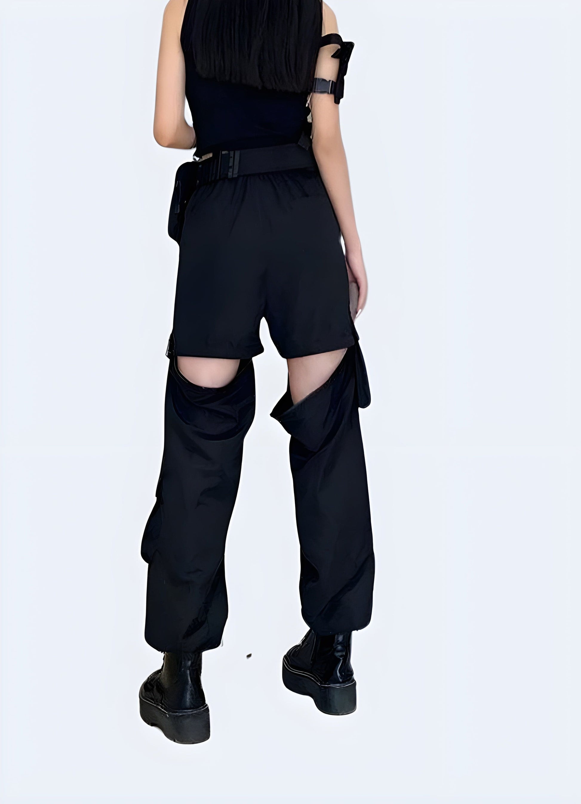 Rear view of a woman wearing stylish women's high-waisted cargo pants, highlighting the flattering fit and practical design, available in the UK.