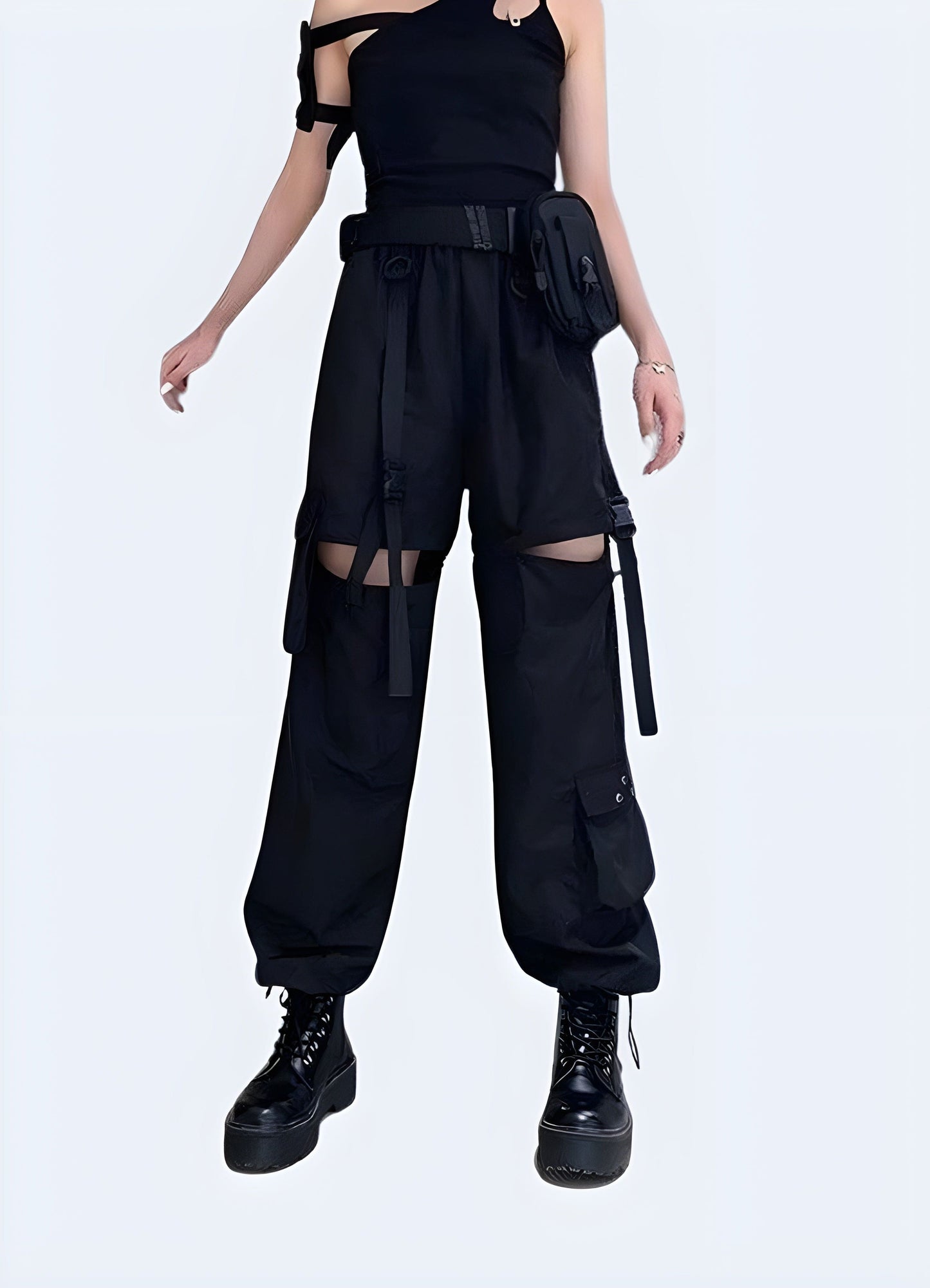 Front view of a woman modeling trendy women's high-waisted cargo pants, showcasing the versatile style and comfortable fit, ideal for UK customers.