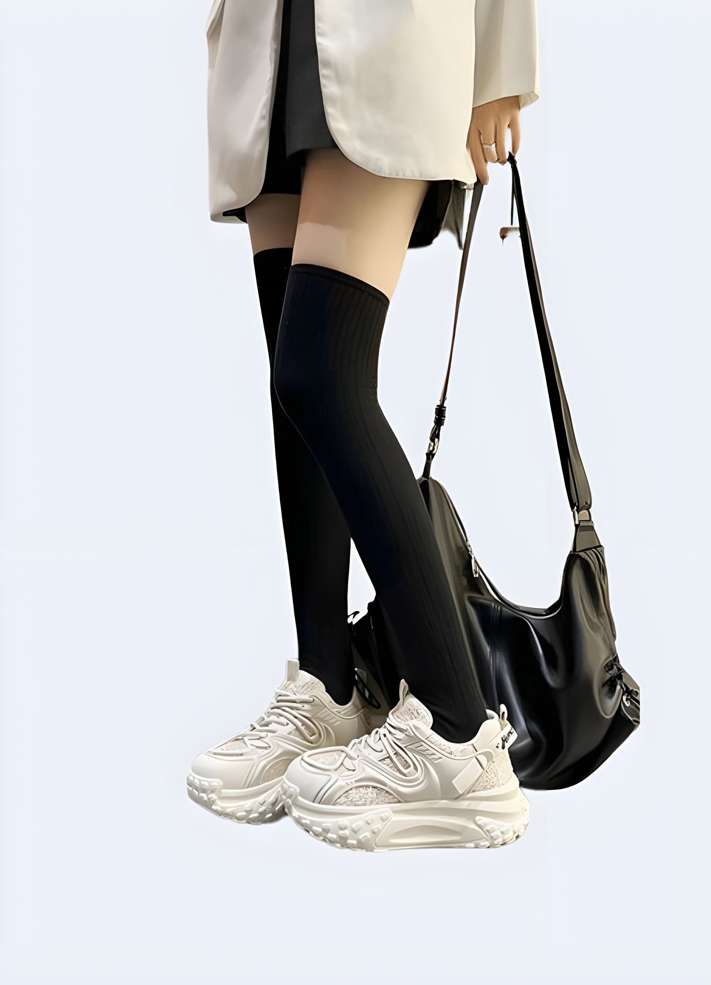 Side view of a woman wearing white women's techwear sneakers, highlighting their modern style and comfortable fit, perfect for navigating UK city streets with ease.