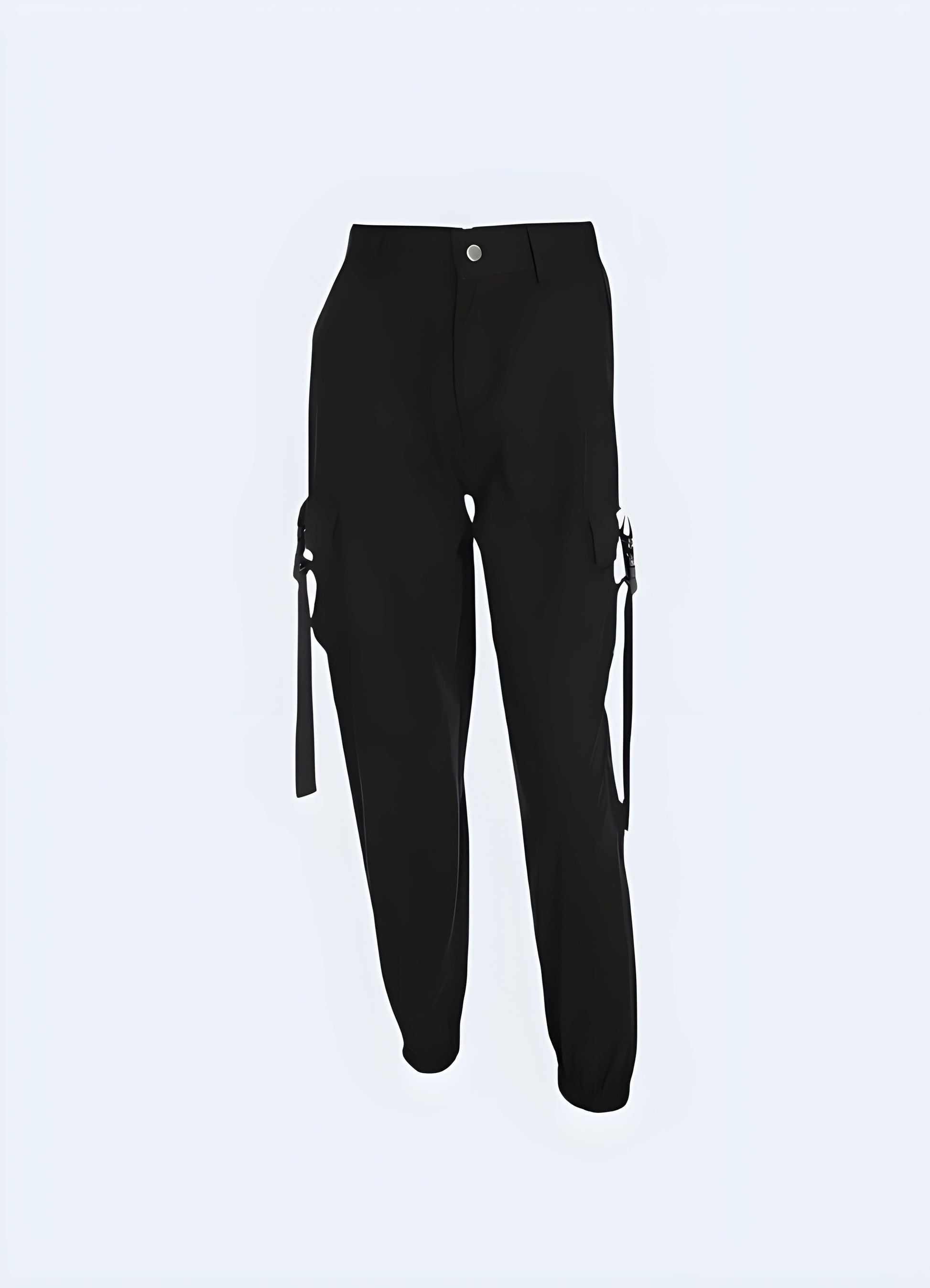 Front view of women's black tactical pants, highlighting the practical features and modern aesthetic ideal for the UK techwear fashion scene.