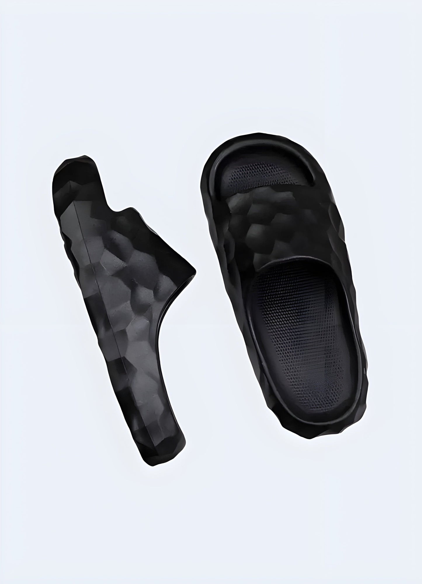 Front and side view of women's black chunky sandals, showcasing the trendy silhouette, robust construction, and versatile aesthetics suitable for various occasions.