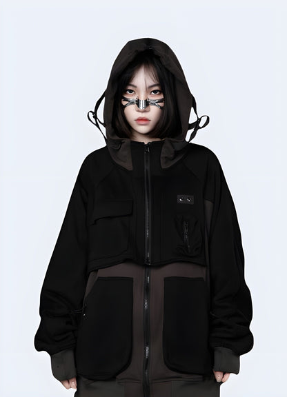 Edgy women's cyberpunk jacket, featuring a futuristic design and innovative materials for a bold fashion statement in the UK.