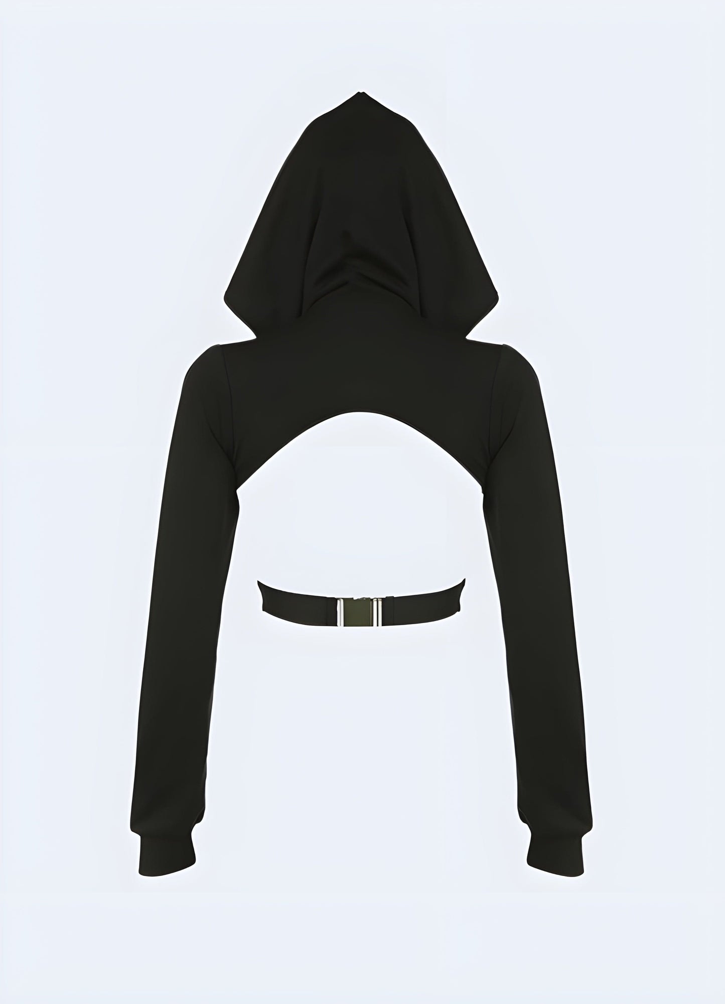 Back view of a women's darkwear hooded crop top, emphasizing its distinctive design elements and attention to detail for a standout look in the UK urban landscape.