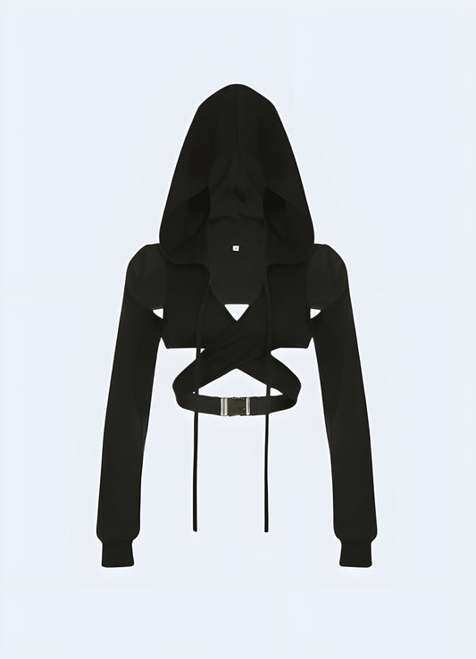 Front view of a women's darkwear hooded crop top, highlighting its avant-garde style and high-quality materials for those embracing the dark fashion subculture in the UK.