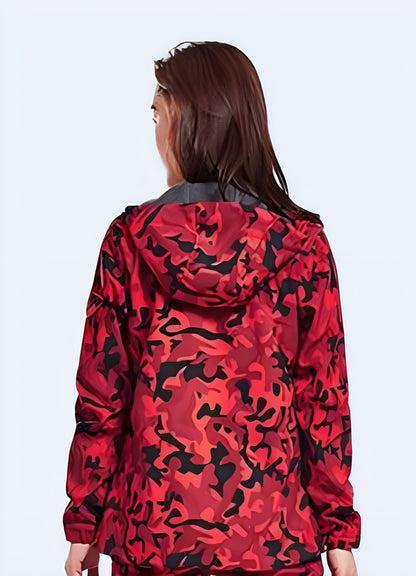 Back view of a women's red camouflage tactical jacket featuring a cinched waist and additional storage pockets, perfect for outdoor enthusiasts in the UK.  