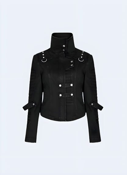 Front view of a women's techwear denim jacket, highlighting its sleek aesthetics and advanced materials for fashion-forward women in the UK.