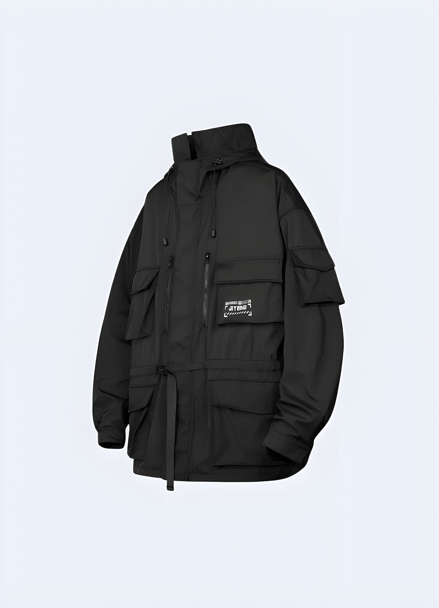 Front side view of a women's techwear parka, highlighting its sleek design and advanced materials for fashion-conscious women in the UK.