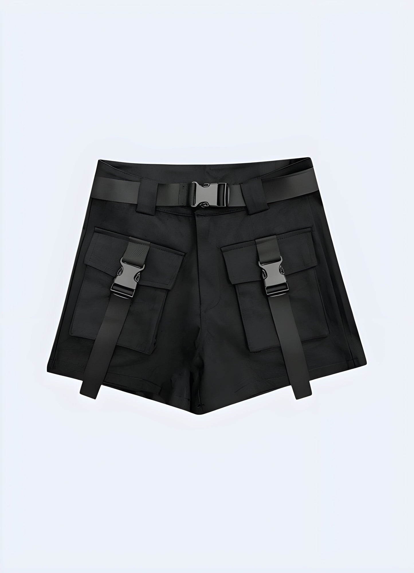 Edgy black techwear shorts for women, featuring a sleek design and practical details, perfect for urban fashion enthusiasts in the UK.