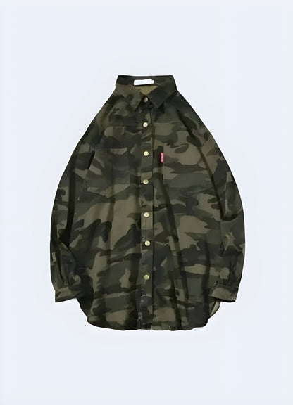 Front view of a women's techwear street camo jacket, showcasing its bold camouflage pattern and modern silhouette for fashion-forward women in the UK.