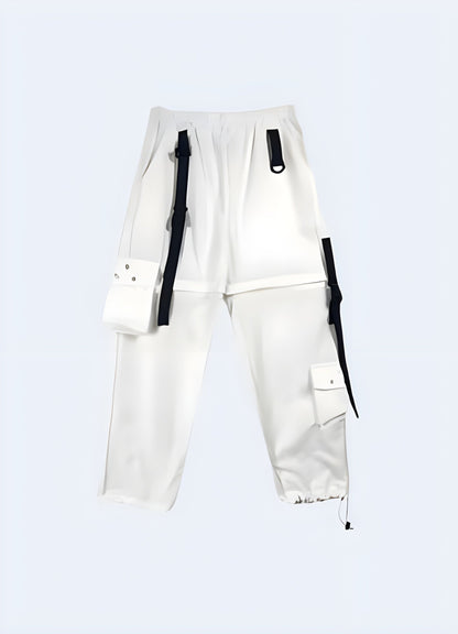 Female model showcasing the front view of women's techwear white pants, emphasizing the contemporary design and functional features, perfect for the UK market.