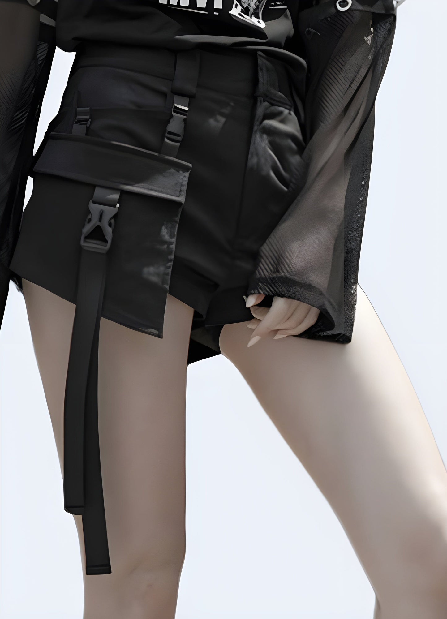 Woman wearing fashionable Korean techwear shorts, featuring a flattering front side view.