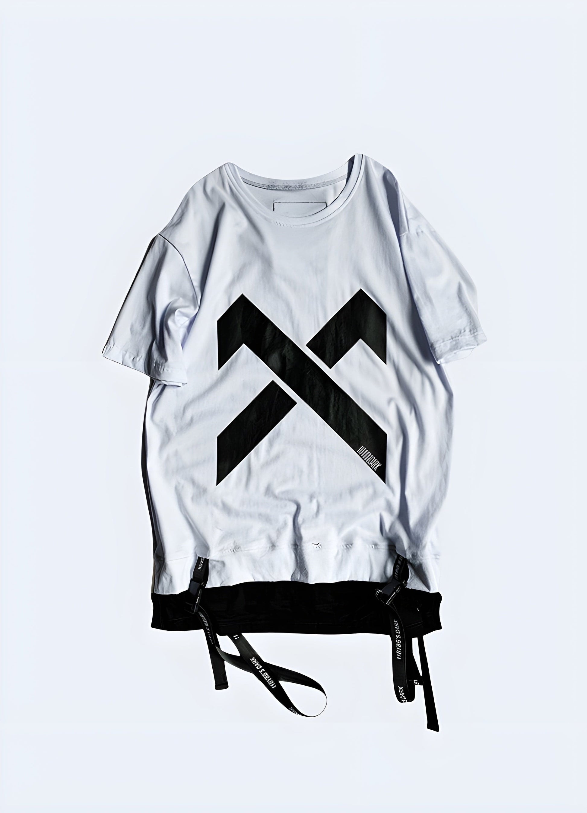 Front view of a white t-shirt featuring a striking X design, ideal for fashion enthusiasts seeking a minimalist yet impactful look in the UK.