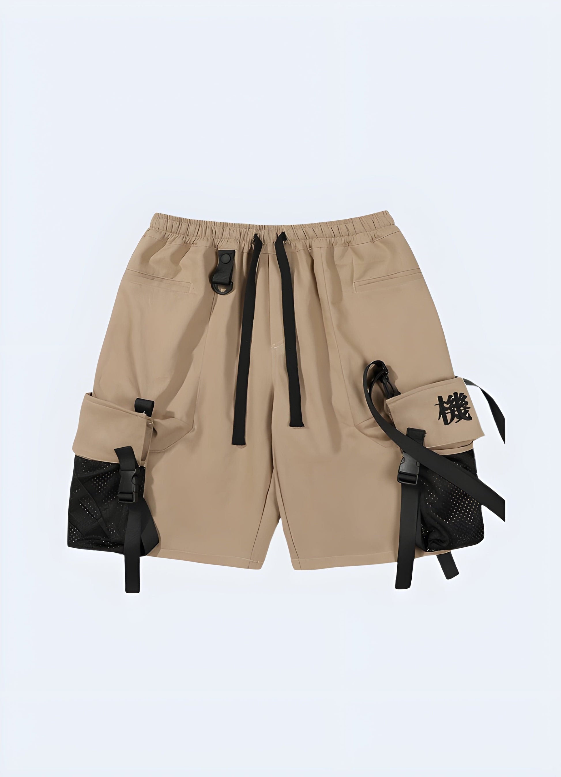 Front view of beige Yakuza shorts, featuring a unique and eye-catching style, ideal for making a bold statement in the UK urban fashion scene.