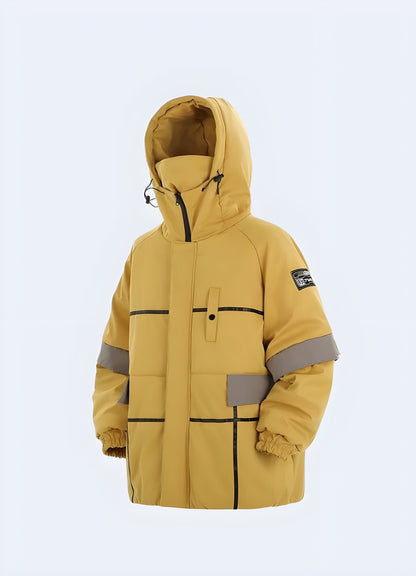 Front side view of a yellow techwear jacket, highlighting its innovative materials and modern aesthetics, ideal for fashion-forward individuals in the UK.