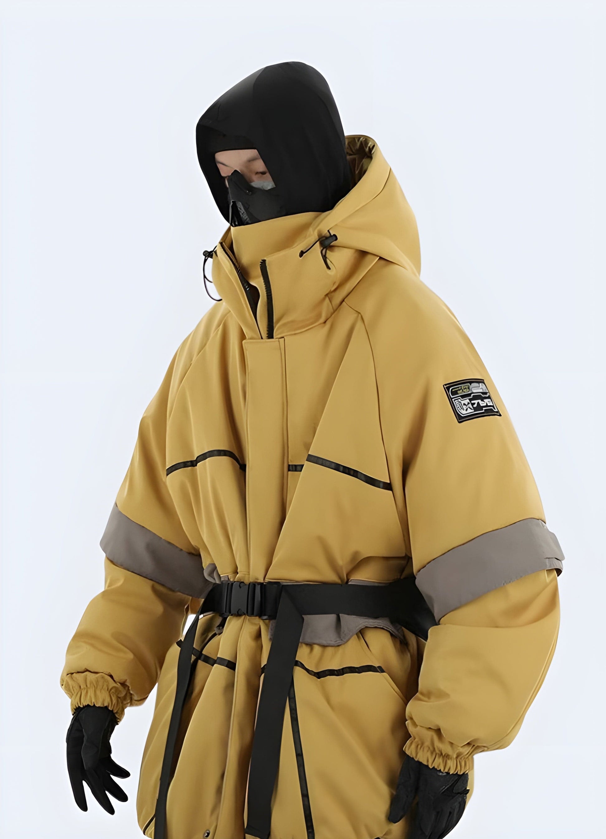 Vibrant yellow techwear jacket, combining high-visibility design and advanced technology for urban explorers and outdoor enthusiasts in the UK.