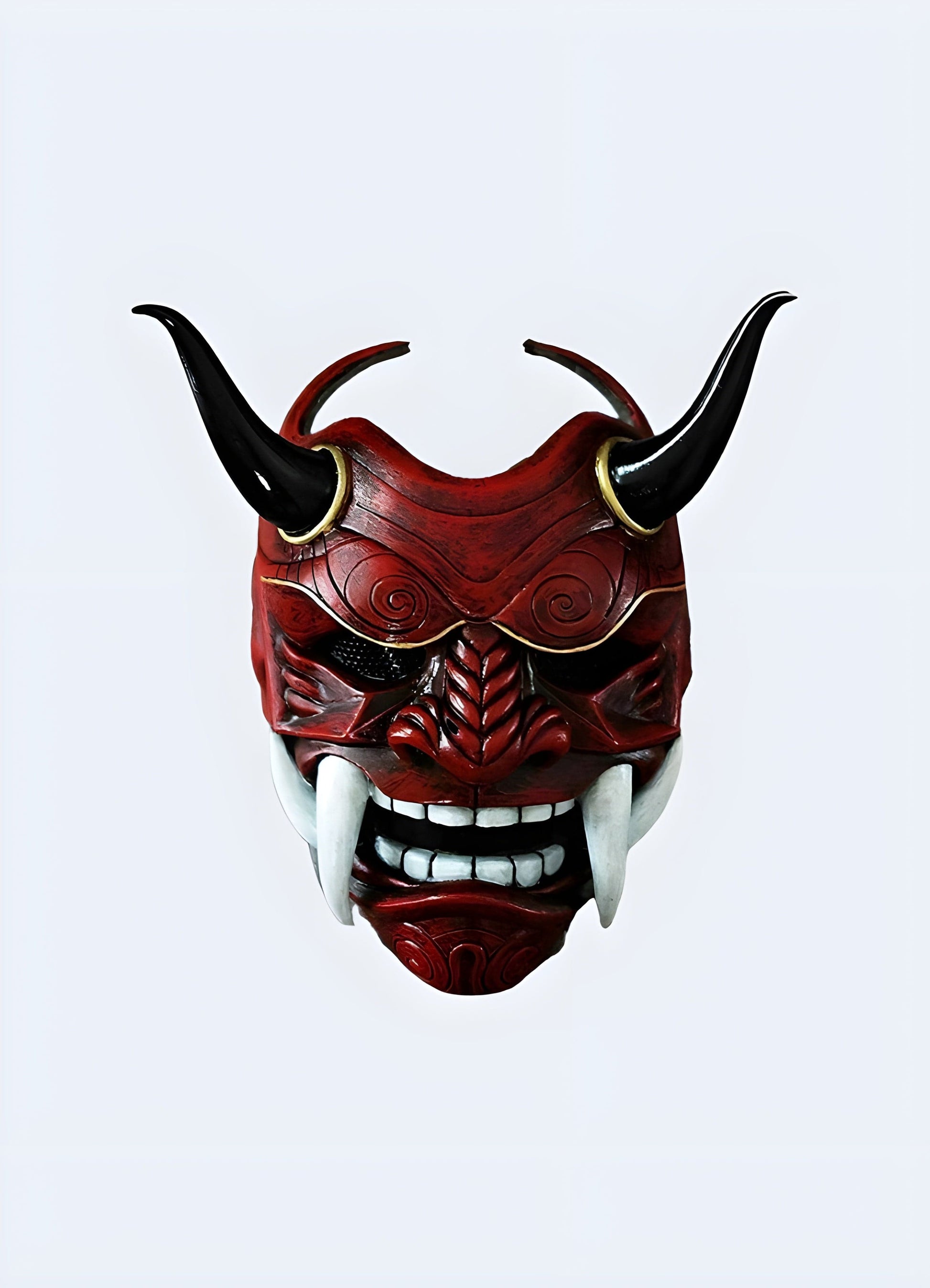 Front view of Yokai techwear mask in red with intricate details and high-quality material. Perfect for making a bold fashion statement UK.