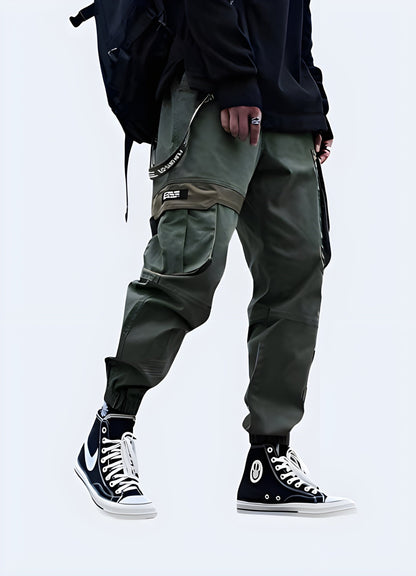 Side view of a man wearing fashion-forward baggy techwear pants, emphasizing the garment's voluminous shape and cutting-edge design, ideal for streetwear aficionados in the UK.