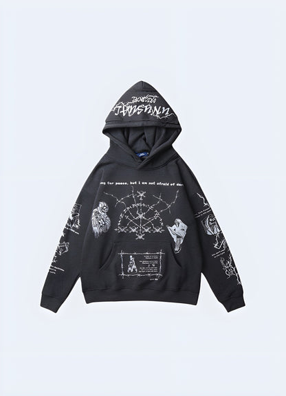 Front view of a trendy grey barbed wire hoodie, showcasing its eye-catching graphic in the UK.