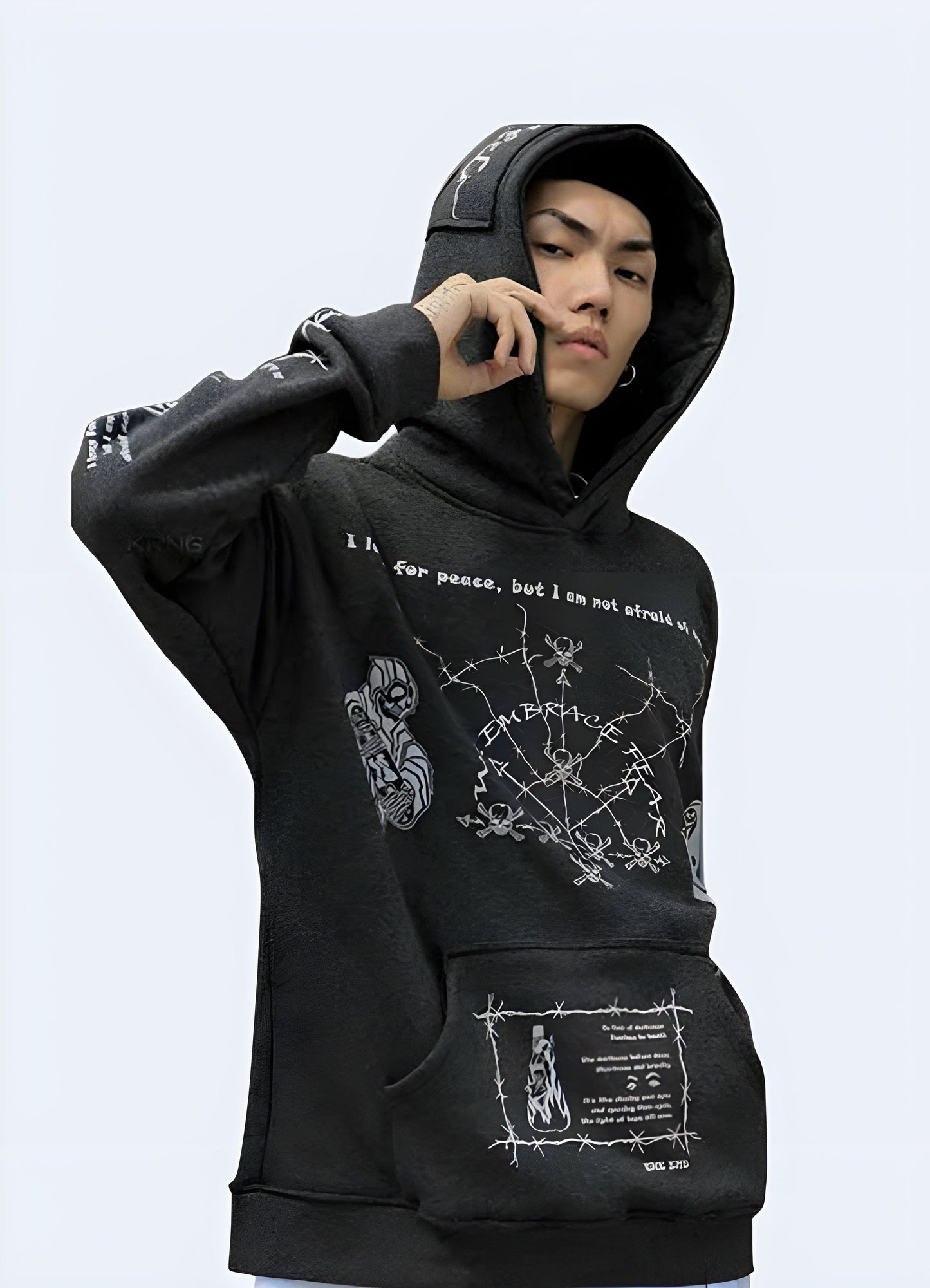 Edgy barbed wire hoodie with a unique design, perfect for making a bold fashion statement in the UK.