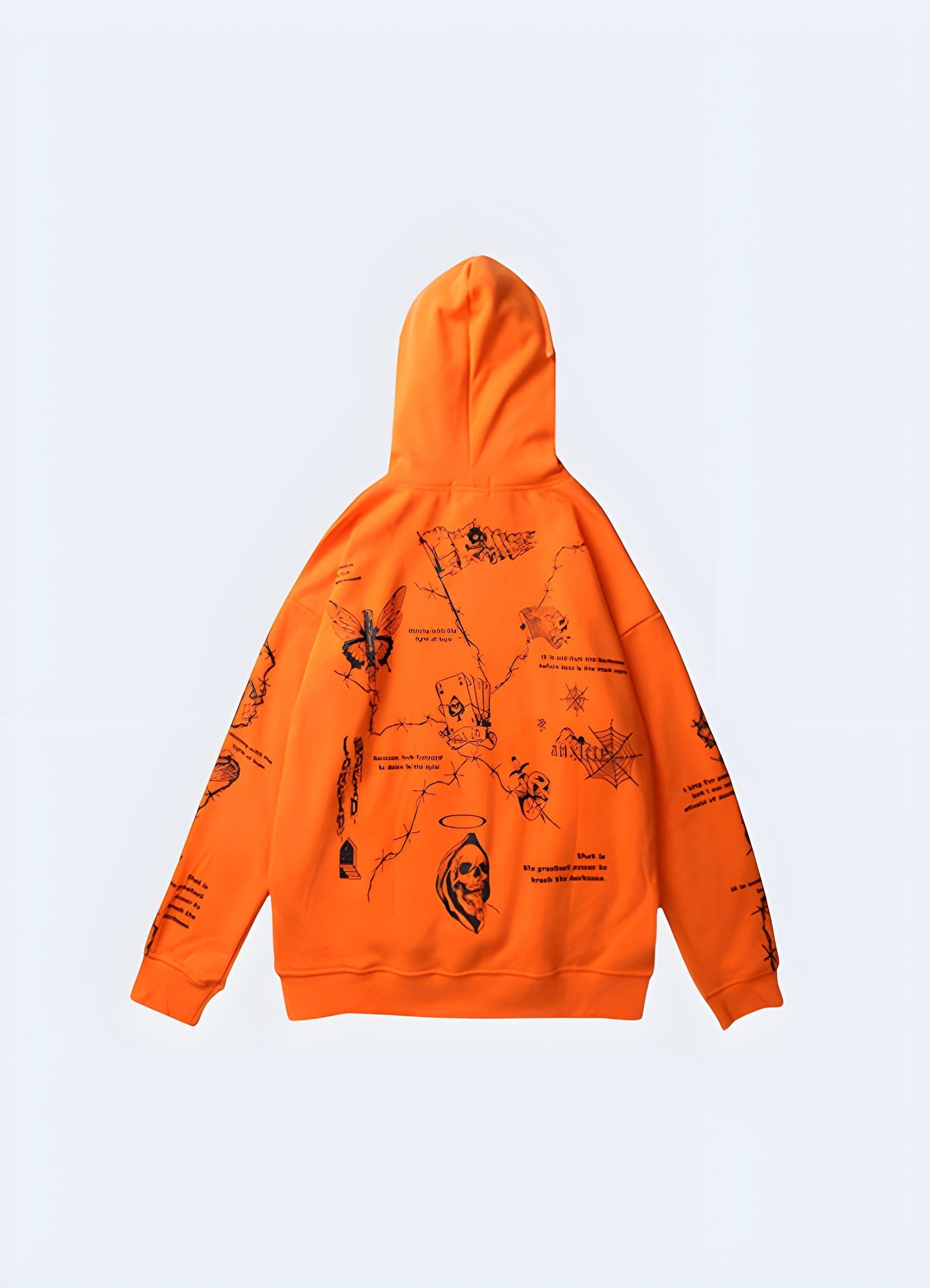 Back view of a striking orange barbed wire hoodie, perfect for adding an edgy touch to your wardrobe in the UK.