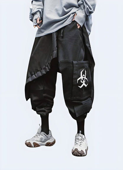 Biohazard pants with iconic symbol design, perfect for making a bold fashion statement in the UK streetwear scene.