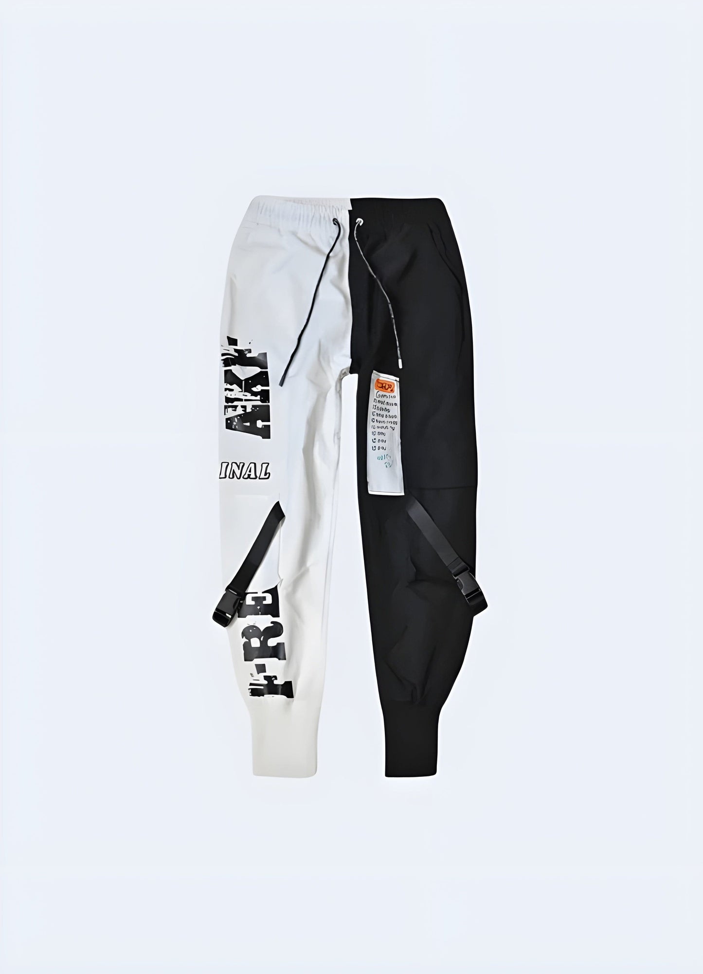 Front view of black and white cargo pants available in the UK, emphasizing the bold pattern and fashionable look that combines two classic colors in a modern way.