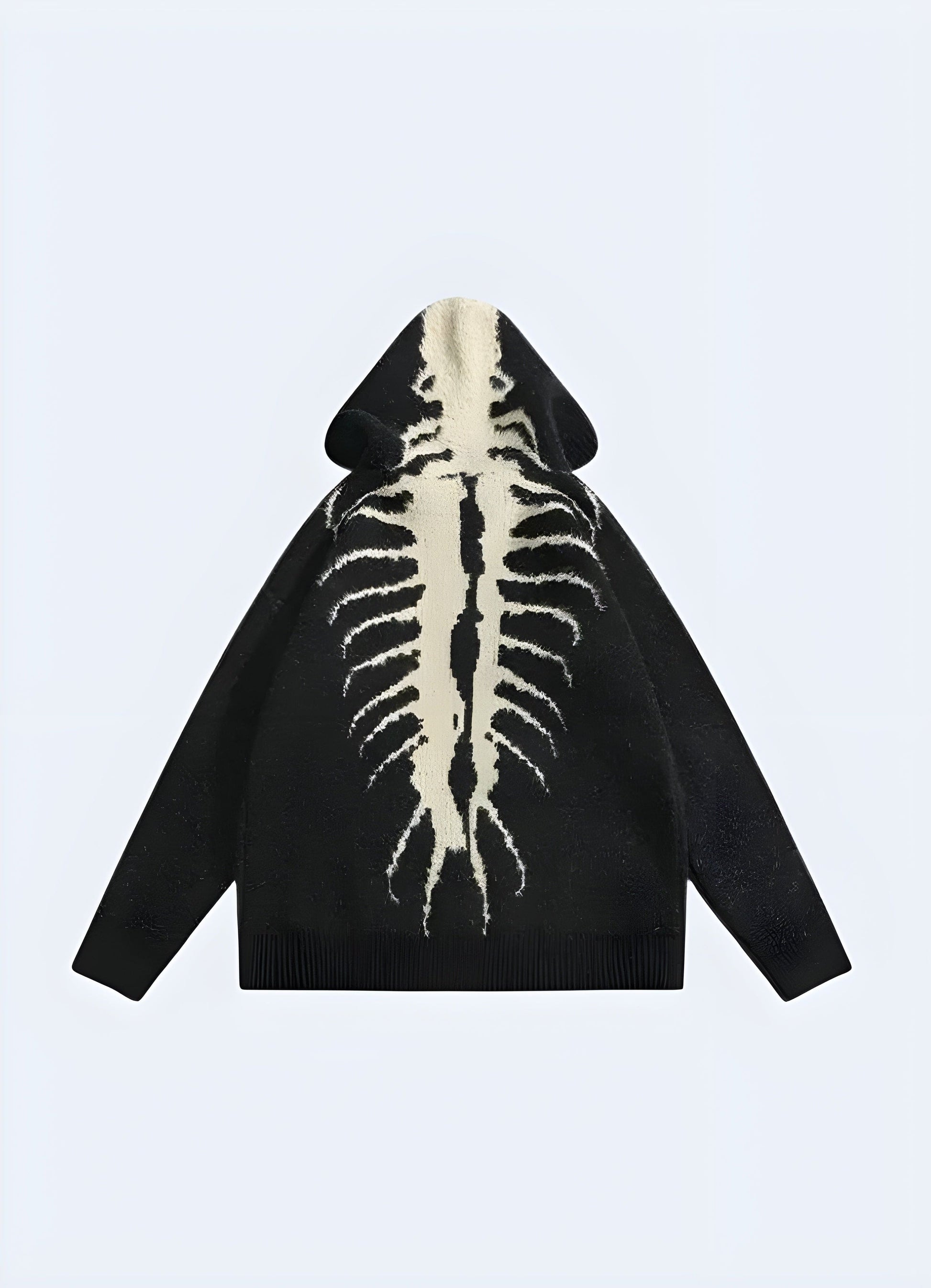 Back view of a sleek black hoodie featuring a distinctive centipede graphic, ideal for edgy streetwear looks in the UK.