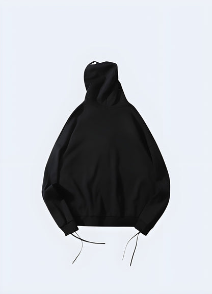 Back view of a fashionable black grunge hoodie, highlighting its grungy details and style in the UK.