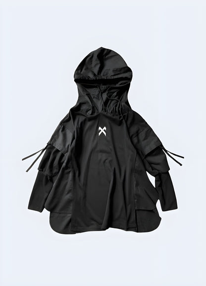 Front view of a stylish black hoodie, ideal for creating a fashionable streetwear look in the UK.