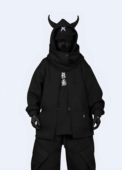 Unique black hoodie with stylish horn details, perfect for making a bold fashion statement in the UK.