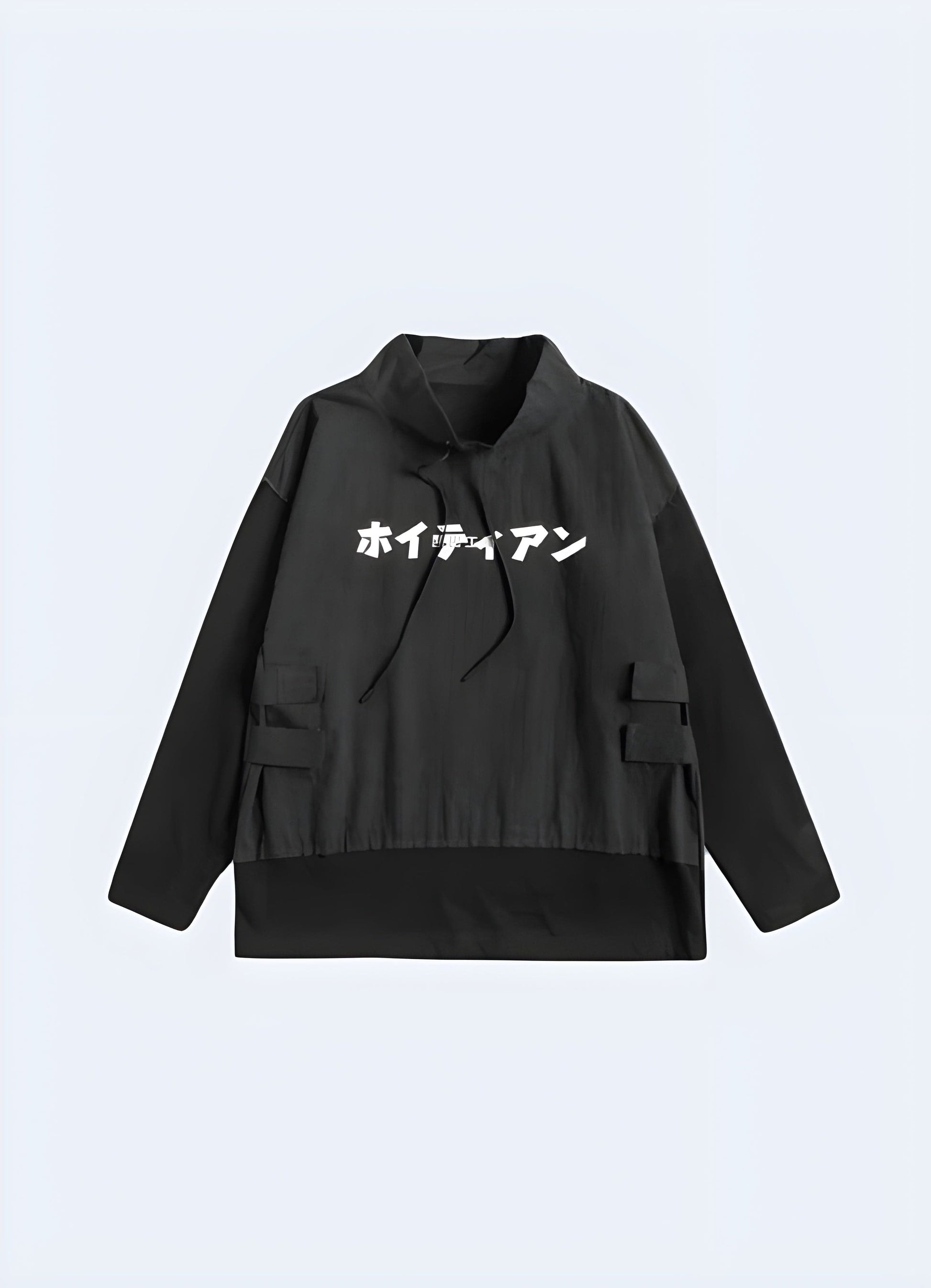 Front view of a black Japanese hoodie with bold embroidered Japanese text, a must-have for UK fashion lovers.