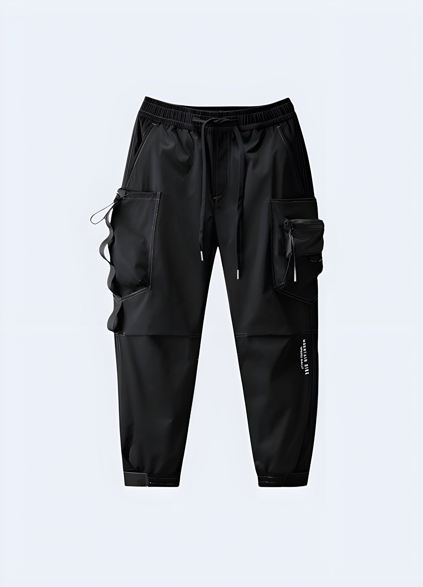 Front view of trendy black skinny cargo pants, highlighting the slim silhouette and utility-inspired cargo pockets, a must-have for UK streetwear enthusiasts.