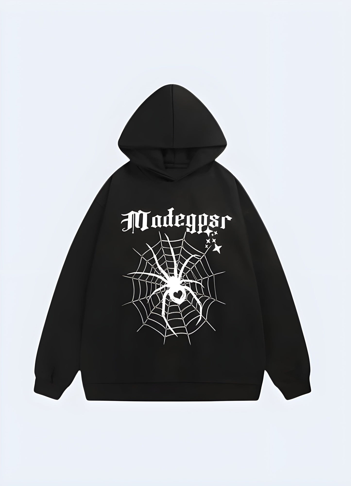 Trendy black hoodie with a stylish spider design, perfect for making a bold fashion statement in the UK.