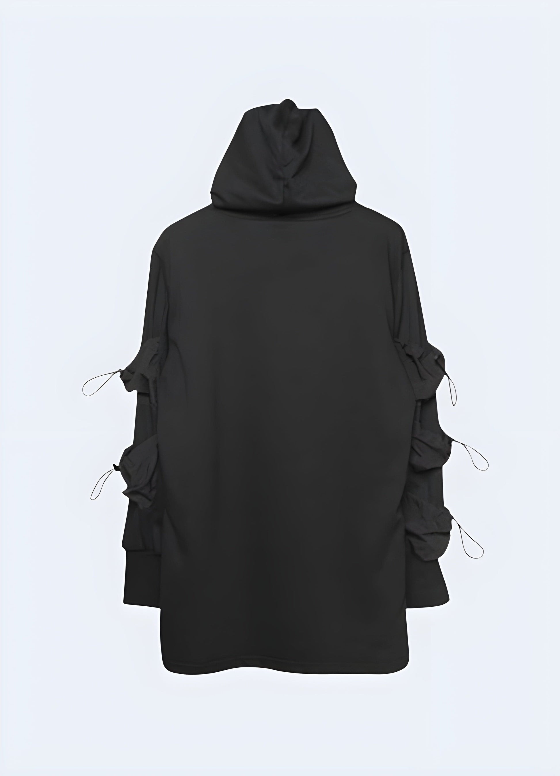 Back view of a black tactical hoodie, highlighting the durable construction and versatile design, making it a great choice for UK consumers seeking functional outerwear.