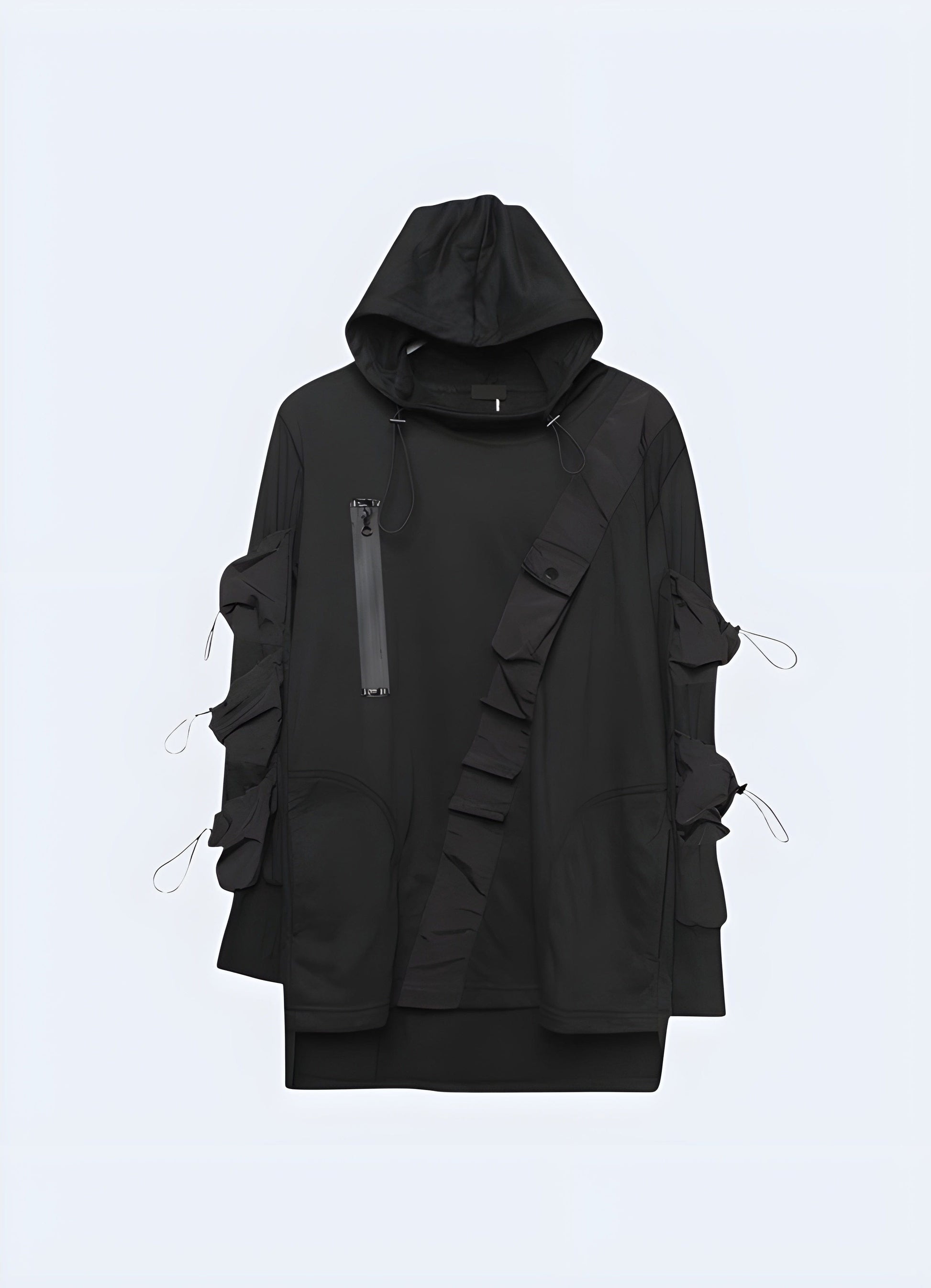 Front view of a black tactical hoodie featuring a zipper closure and adjustable hood, suitable for various outdoor pursuits in the UK.