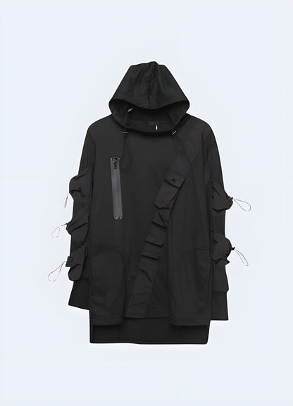 Front view of a black tactical hoodie featuring a zipper closure and adjustable hood, suitable for various outdoor pursuits in the UK.