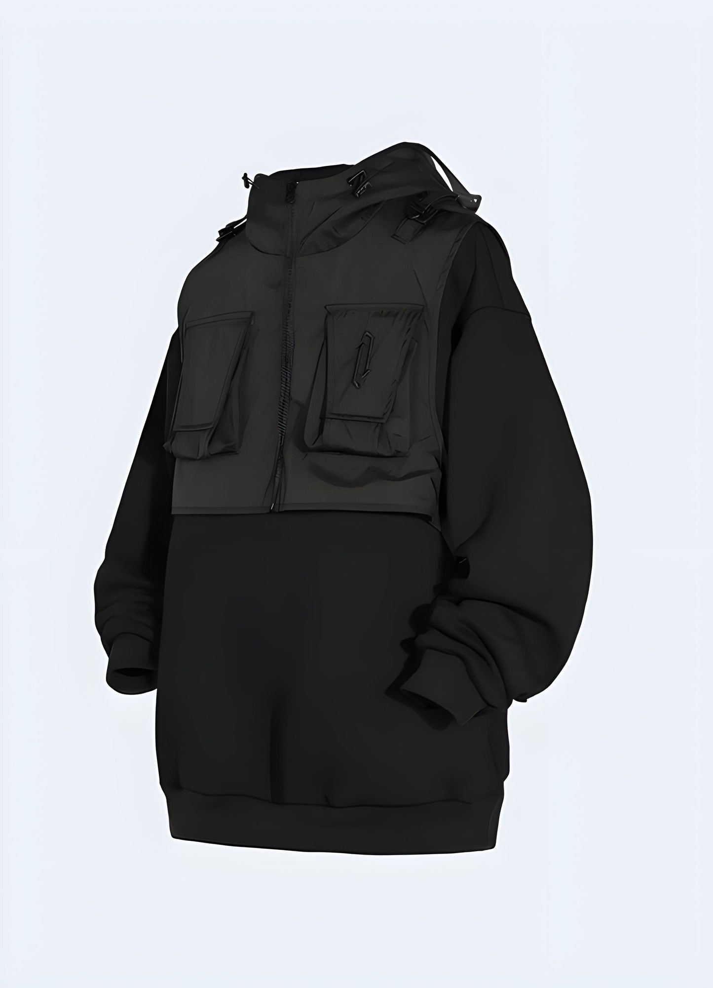 Front view of a black tech fleece hoodie, highlighting the modern design and versatile style suitable for UK fashion.