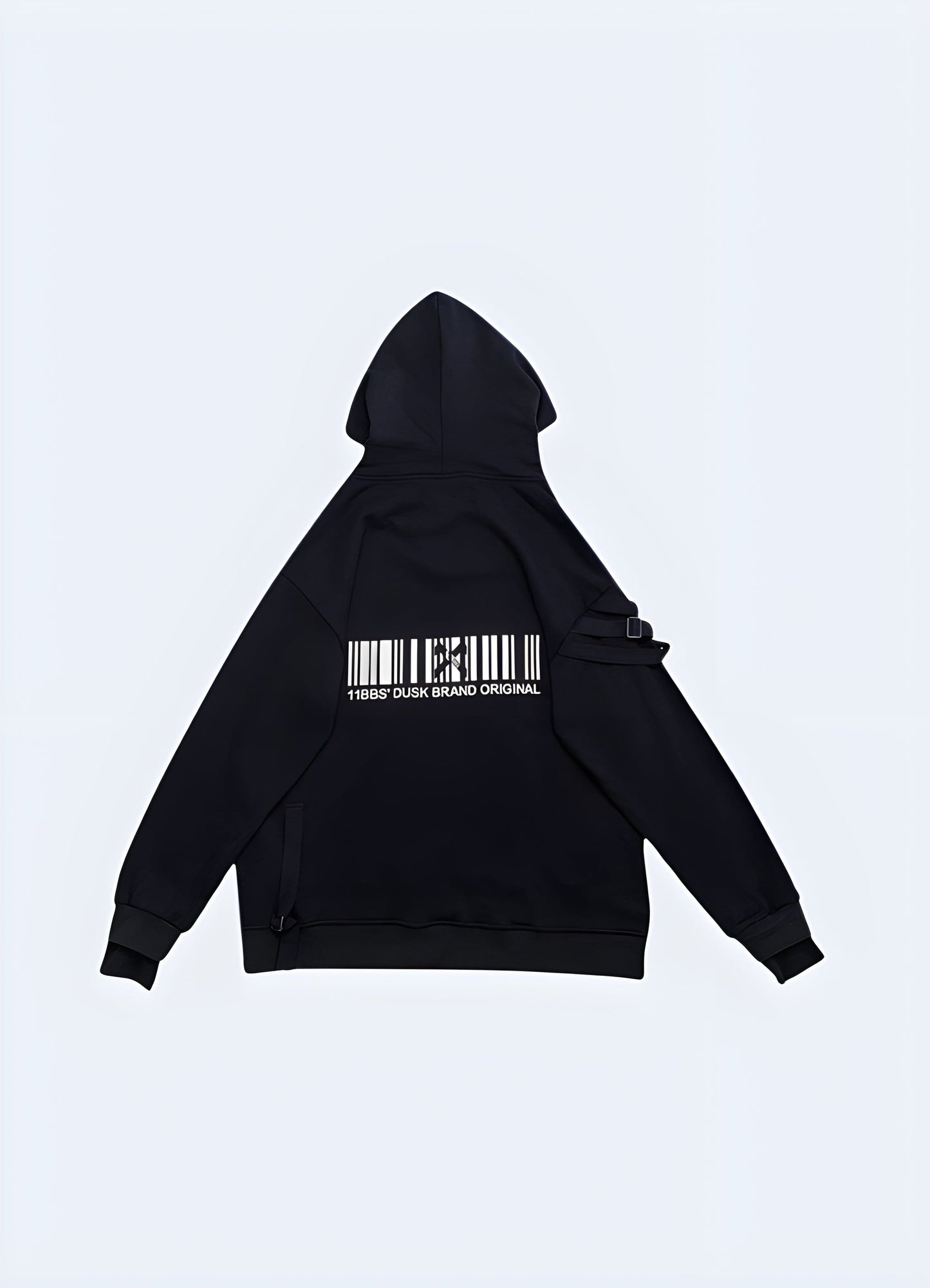 Rear perspective of a black techwear hoodie highlighting its unique style and urban aesthetic.