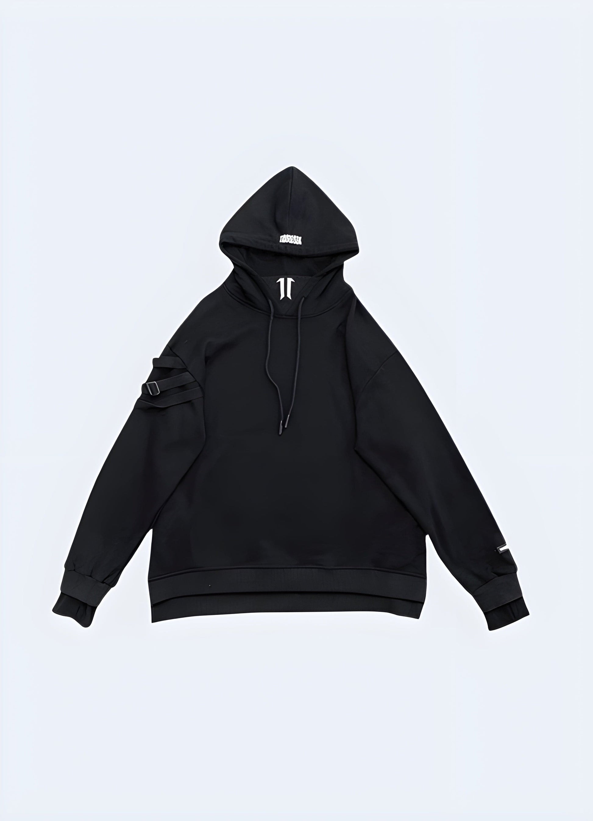 Front view of a black techwear hoodie showcasing its sleek, modern design and technical features.