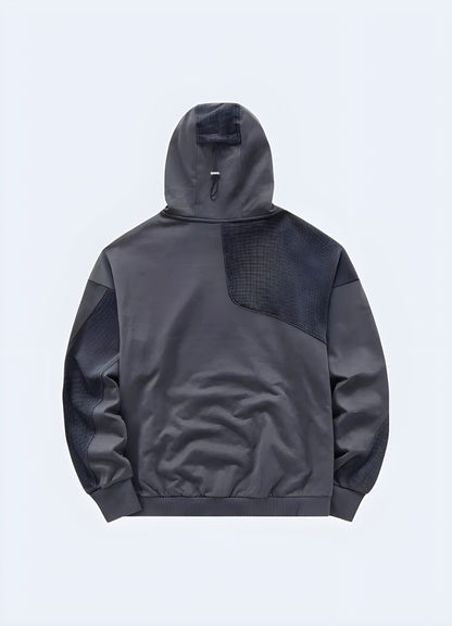 Back view of a trendy double hood hoodie, showcasing its unique design and versatility for UK customers seeking a standout piece in their wardrobe.