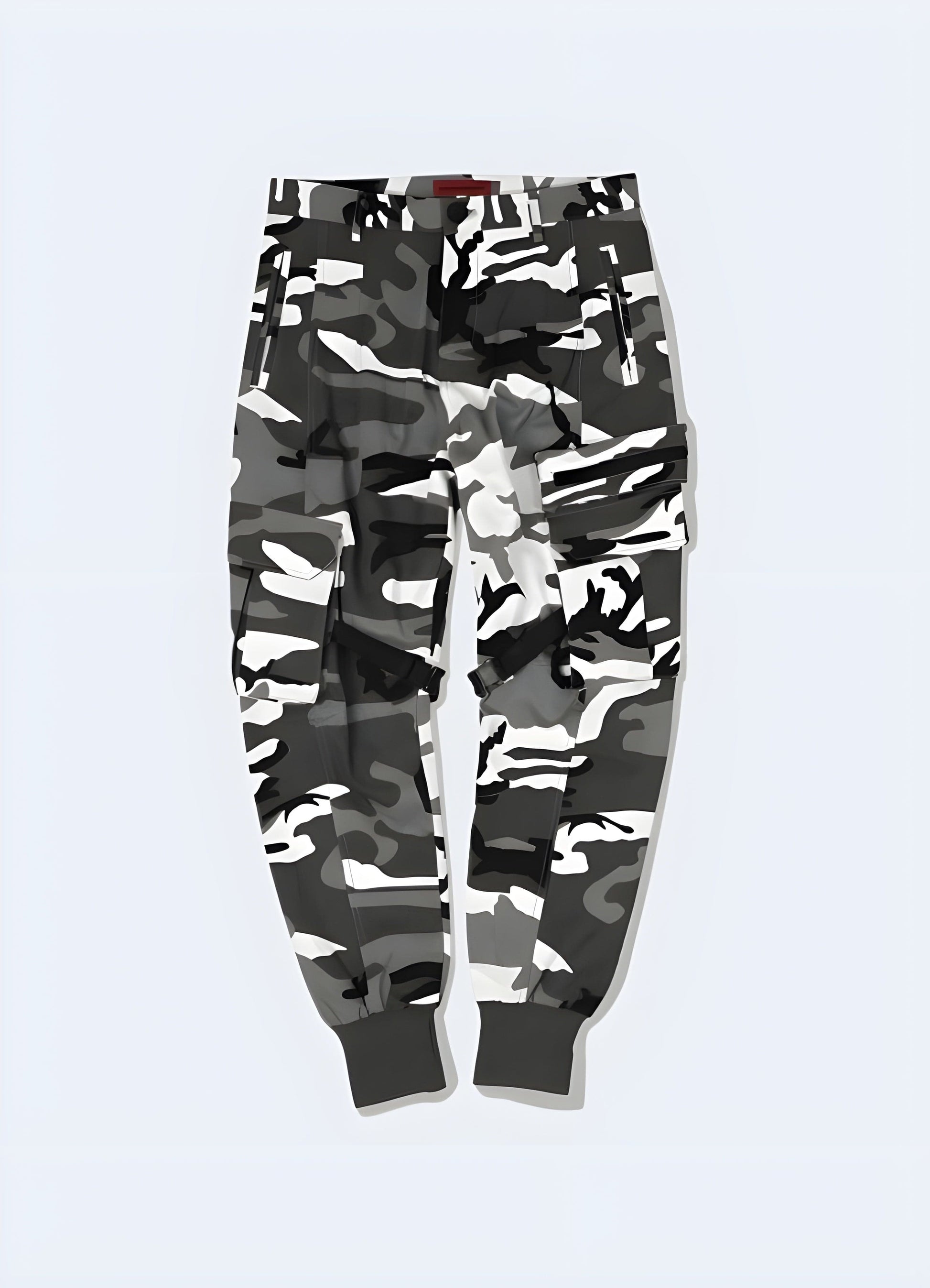 Front view of reliable camouflage tactical pants, highlighting the sturdy construction and functional pockets, a must-have for UK consumers seeking a practical and stylish outdoor look.