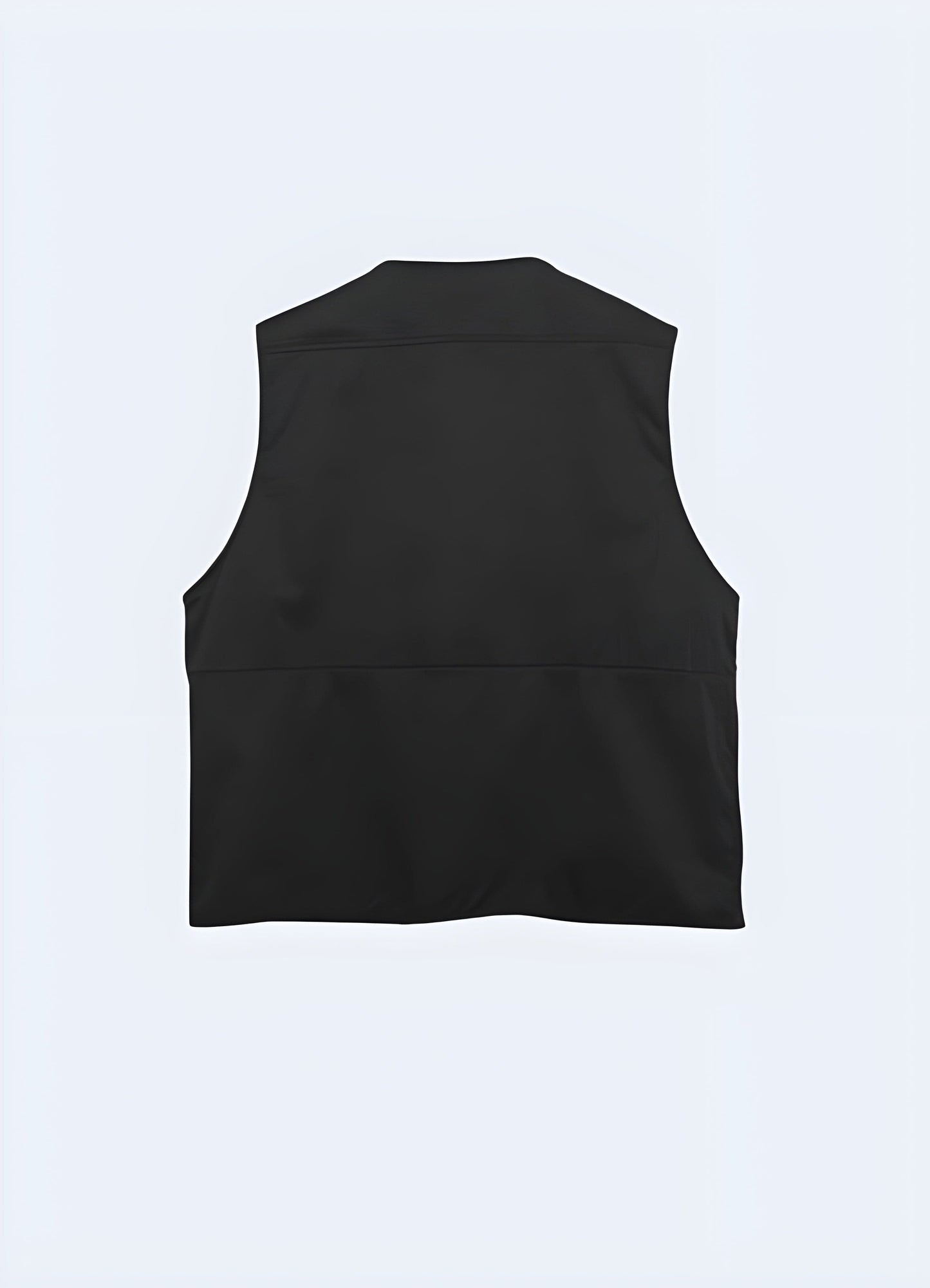 Back view of a black cargo vest with numerous pockets and adjustable straps, perfect for streetwear style and functionality.