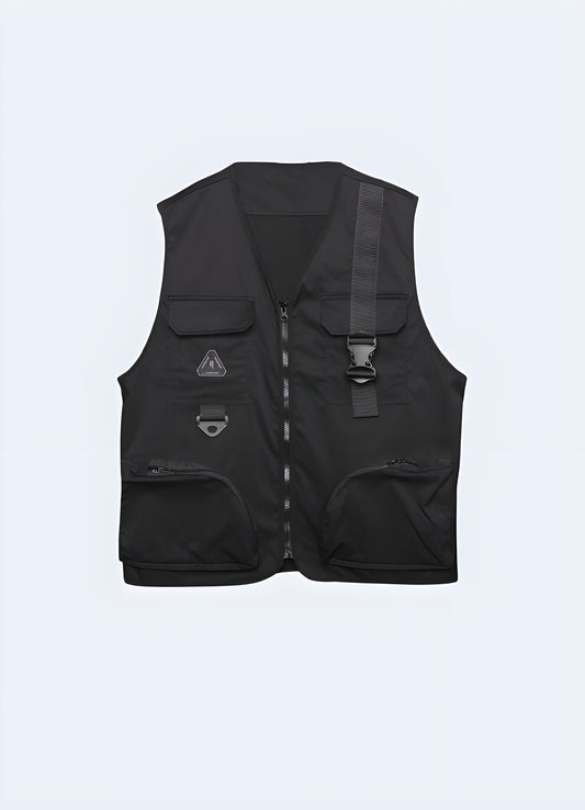 Black cargo vest with multiple pockets and adjustable straps, designed for streetwear fashion and practical utility.