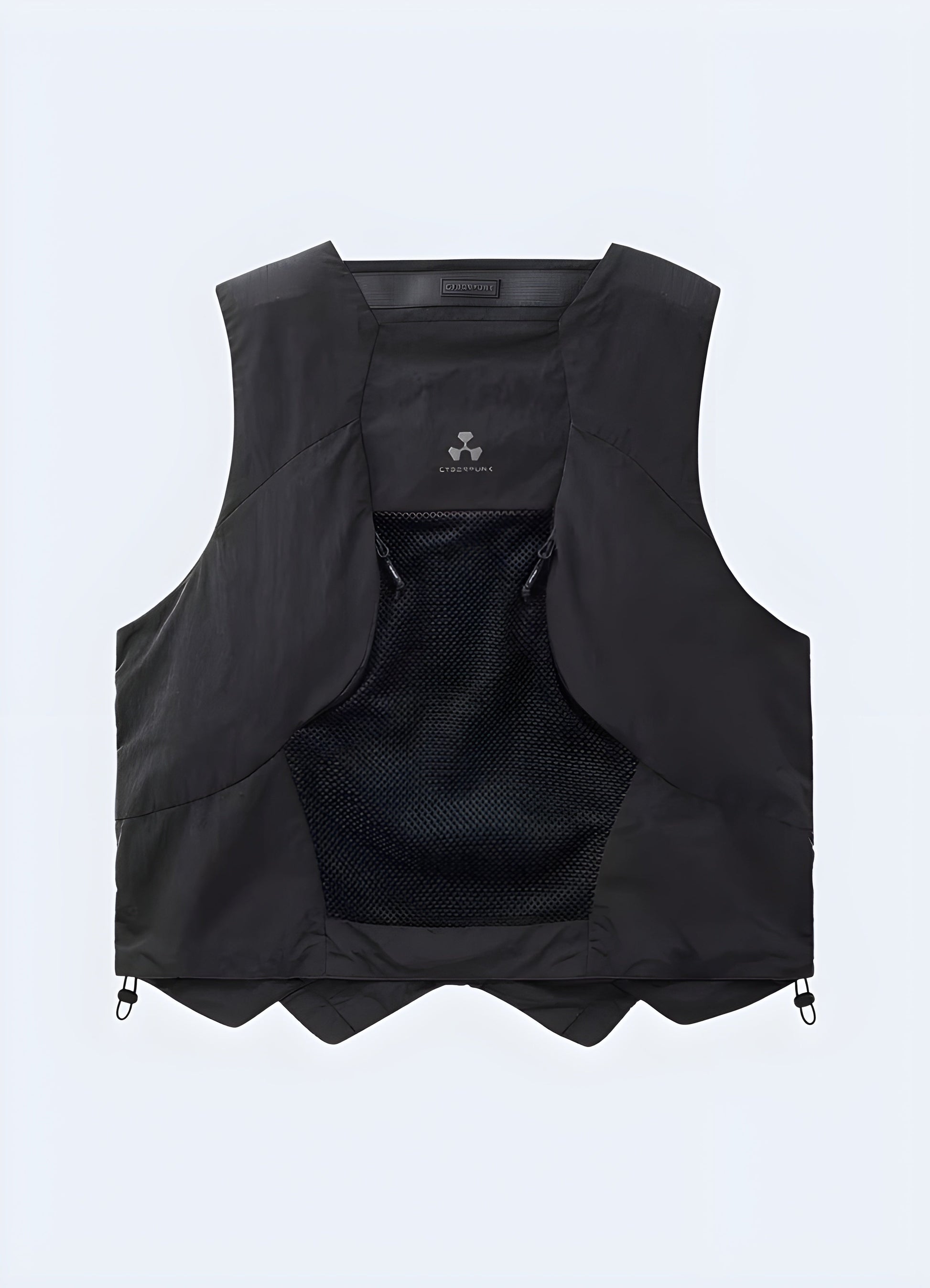 Back view of a cyberpunk tactical vest, highlighting its sleek silhouette and durable construction, a must-have for UK sci-fi and streetwear aficionados.