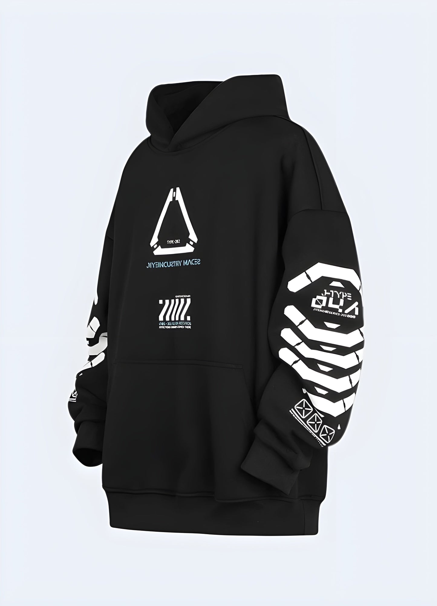 Black cyberpunk techwear hoodie showcasing futuristic design and cutting-edge style, front view, ideal for UK fashion enthusiasts.