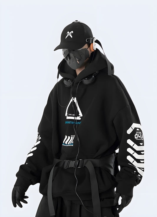 A stylish cyberpunk techwear hoodie for edgy urban fashion in the UK.